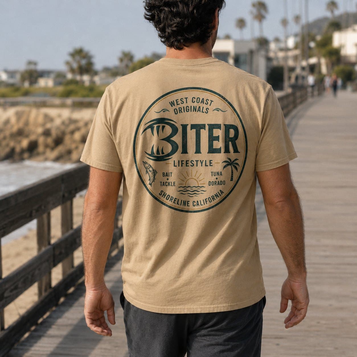 BITER tee worn on a West Coast pier